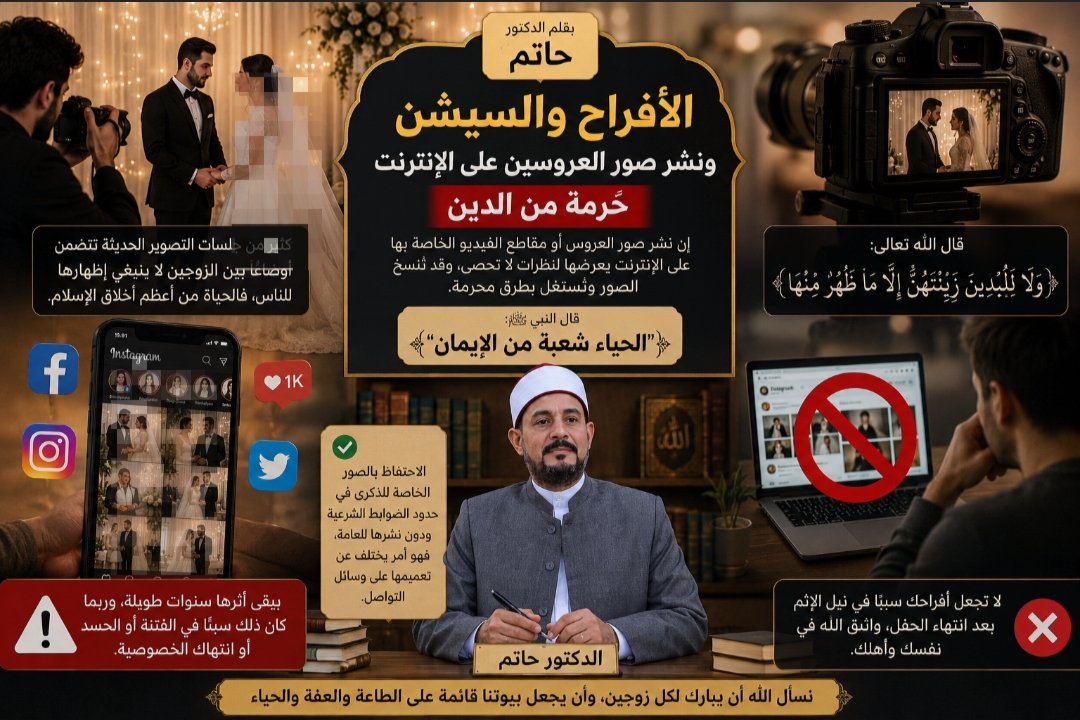 مقال بقلم الدكتور حاتم جاد الأفراح والسيشن ونشر صور العروسين على الإنترنت.. رؤية شرعية
